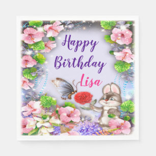 Serviette En Papier Fête d'anniversaire de lapin et de papillon