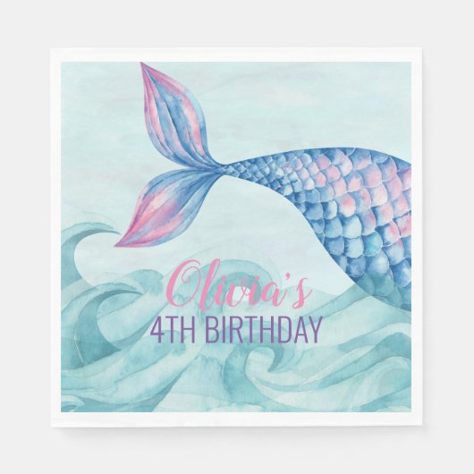 Serviette En Papier Fête d'anniversaire de l'aquarelle de Mermaid (Devant)