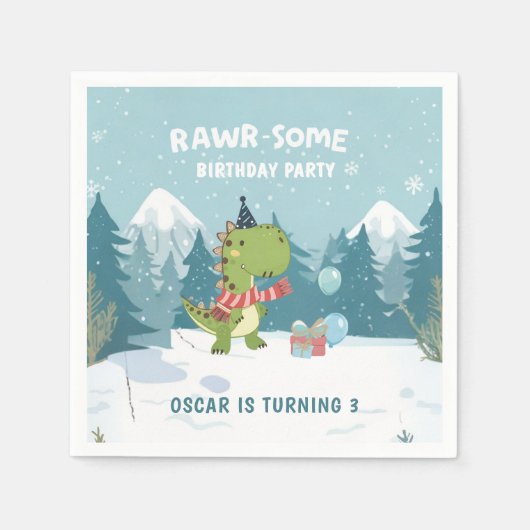 Serviette En Papier Fête d'anniversaire d'hiver RAWR-some Dino (Devant)