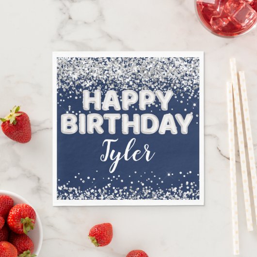 Serviette En Papier Fête d'anniversaire en argent bleu marine (En situation)