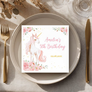 Serviette En Papier Fête d'anniversaire florale Licorne Rose
