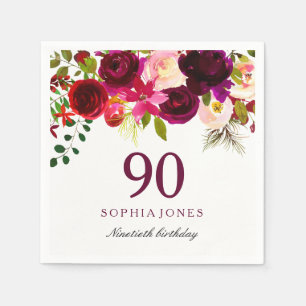 Serviette En Papier Fête d'anniversaire florale rouge de Bourgogne