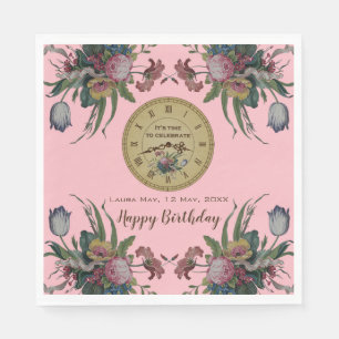Serviette En Papier Fête d'anniversaire Horloge vintage avec fleurs