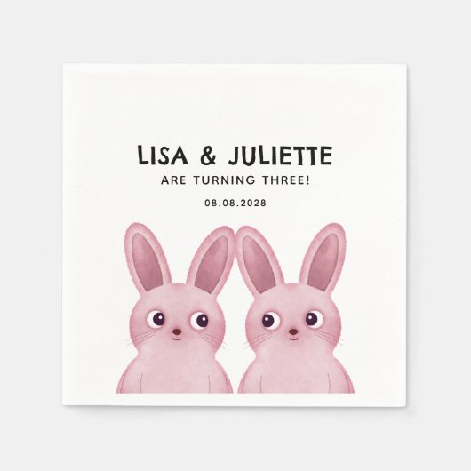 Serviette En Papier Fête d'anniversaire jumeaux avec deux filles lapin (Devant)