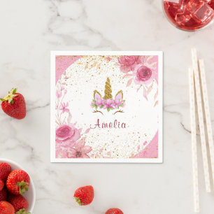 Serviette En Papier Fête d'anniversaire licorne à fleurs roses