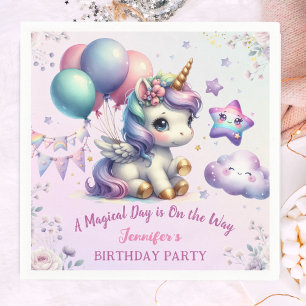 Serviette En Papier Fête d'anniversaire licorne fille violet et or