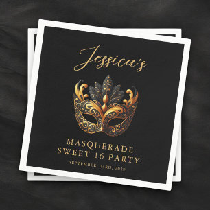 Serviette En Papier Fête d'anniversaire Mascarade Or Noir Sweet 16