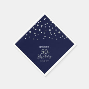 Serviette En Papier Fête d'anniversaire moderne Silver & Navy Blue 50t