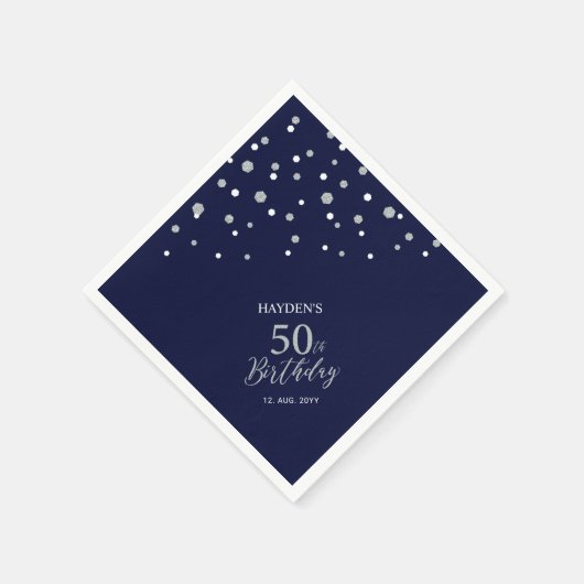 Serviette En Papier Fête d'anniversaire moderne Silver & Navy Blue 50t (Coin)