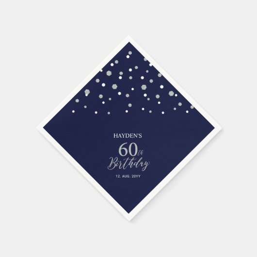 Serviette En Papier Fête d'anniversaire moderne Silver & Navy Blue 60t (Coin)