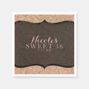 Serviette En Papier Fête d'anniversaire noire pailletée rose et or
