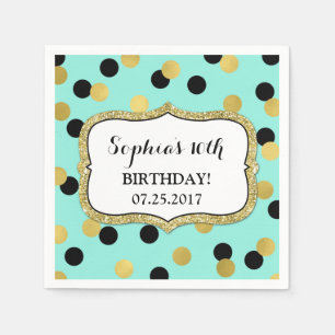 Serviette En Papier Fête d'anniversaire noire turquoise de confettis