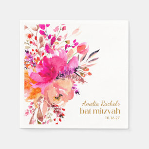 Serviette En Papier Fête de Bat Mitzvah élégante florale aquarelle or 