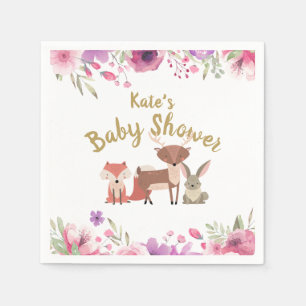 Serviette En Papier Fête de bébé fille fleurs roses Animaux de la forê