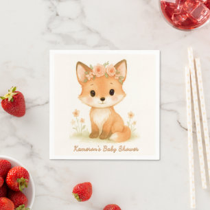 Serviette En Papier Fête de Bébé Fille Renard Bois Fantaisiste Pastel