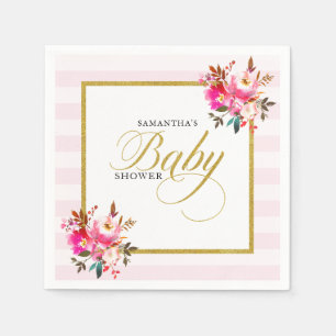 Serviette En Papier Fête de bébé florale élégante avec paillettes rose