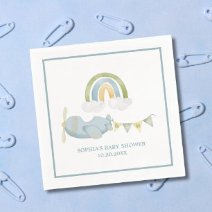 Serviette En Papier Fête de bébé garçon avion vintage nuages arc-en-ci