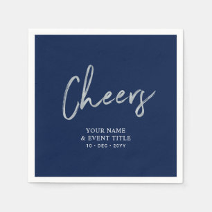 Serviette En Papier Fête de célébrations Navy Silver Cheers Brush Scri