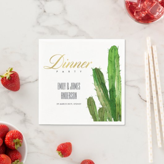 SERVIETTE EN PAPIER FÊTE DE DINER A L'AQUARELLE FEUILLAGE DE CACTUS DU (En situation)