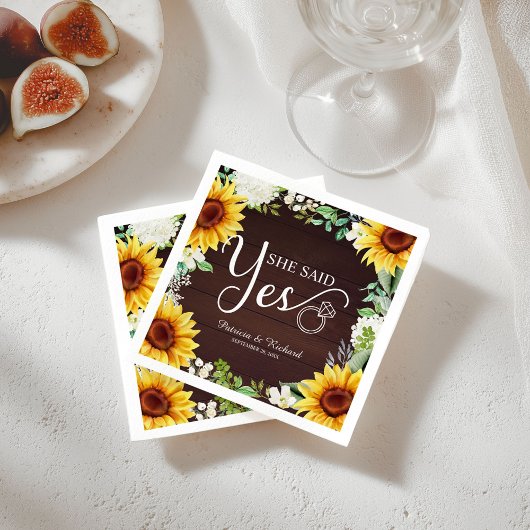 Serviette En Papier Fête de fiançailles Rustique Tournesol Elle a dit