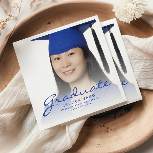 Serviette En Papier Fête de fin d'études avec photo sur script bleu