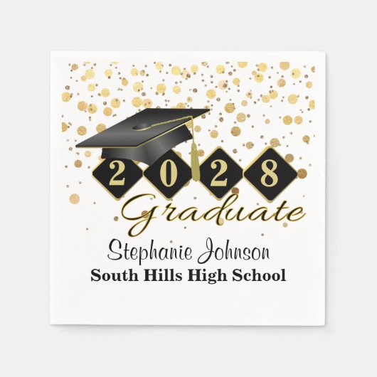 Serviette En Papier Fête de graduation personnalisée Noir & Or (Devant)