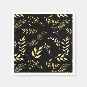 Serviette En Papier Fête de mariage botanique glamour noir et or