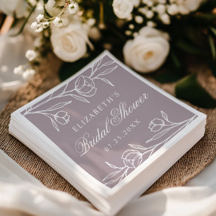 Serviette En Papier Fête de mariage floral esquissé poussiéreux violet