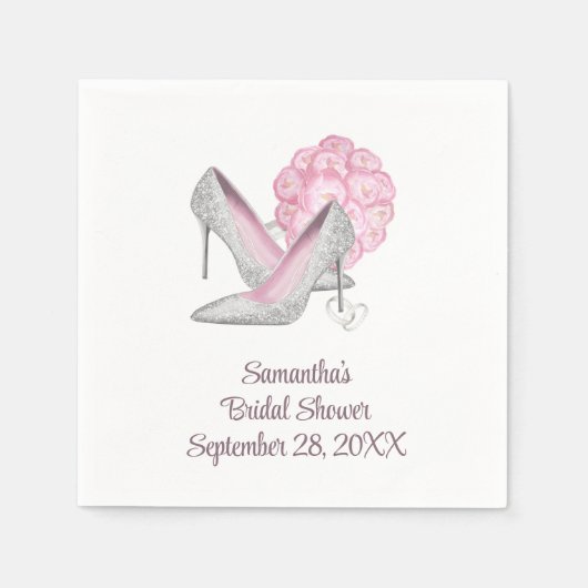 Serviette En Papier Fête de Mariage Glamour Roses Roses Argent Talons (Devant)