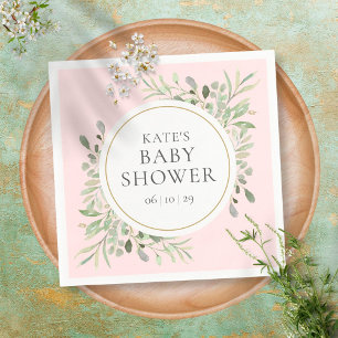 Serviette En Papier Fête de naissance fille rose aquarelle végétale