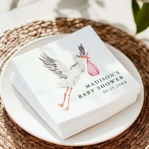 Serviette En Papier Fête de naissance Fille Rose Cigogne Aquarelle