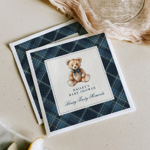 Serviette En Papier Fête de naissance ourson à carreaux bleus vintage