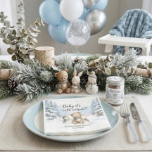 Fête de naissance ourson forêt d'hiver flocons de