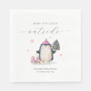 Serviette En Papier Fête de naissance Pingouin Bois hivernal Rose