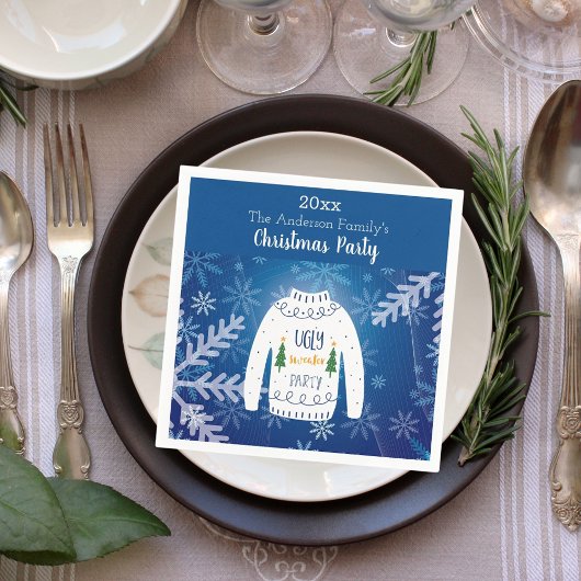 Serviette En Papier Fête de Noël affreux pull bleu flocons de neige bl