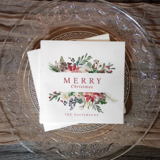 Serviette En Papier Fête de Noël Aquarelle Verdure Poinsettia
