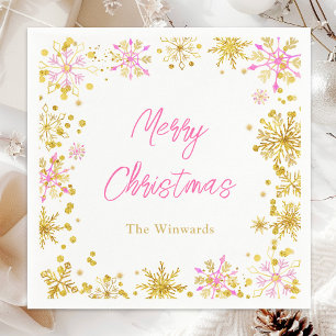 Serviette En Papier Fête de Noël aux flocons de neige rose et or