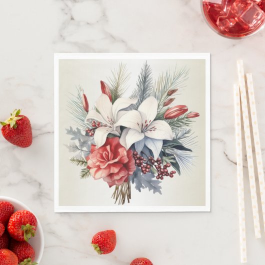 Serviette En Papier Fête de Noël Blanc Fleurs rouges Vacances Élégante (En situation)