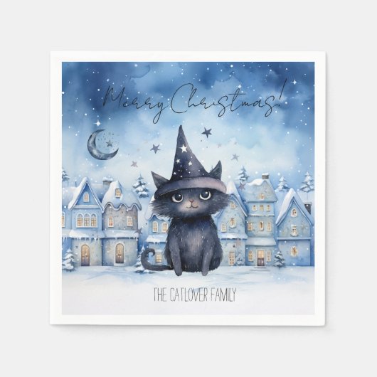 Serviette En Papier Fête de Noël de Chat Noir mignonne (Devant)