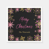 Serviette En Papier Fête de Noël des flocons d'or et de rose (Devant)