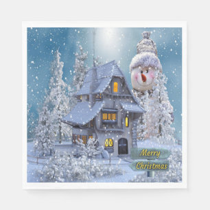 Serviette En Papier Fête de Noël Hiver Blanc Bonhomme de Neige Bleu Ru