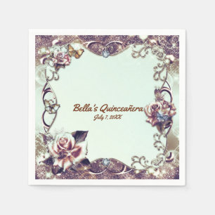Serviette En Papier Fête de Quinceañera Bronze Roses & Papillons