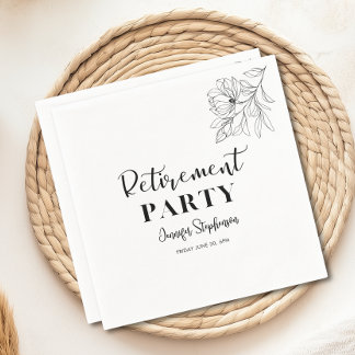 Serviette En Papier Fête de retraite Élégant floral noir et blanc