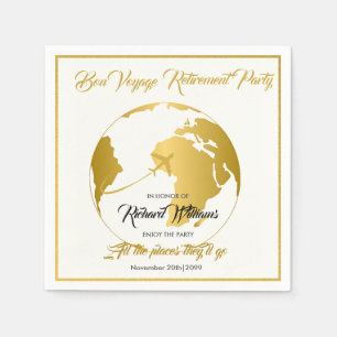 Serviette En Papier Fête de Retraite Globe Bordure Dorée Bon Voyage