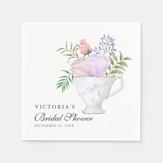 Serviette En Papier Fête de thé de mariage rose floral et or (Devant)