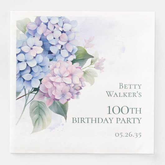 Serviette En Papier Fête des 100 ans Hydrangeas Rose Bleu (Devant)