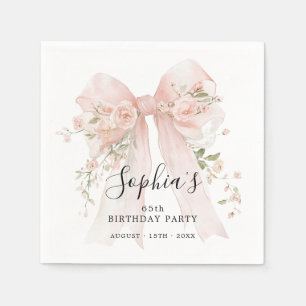 Serviette En Papier Fête des 65 ans Cocktail Rose avec Ruban Rose