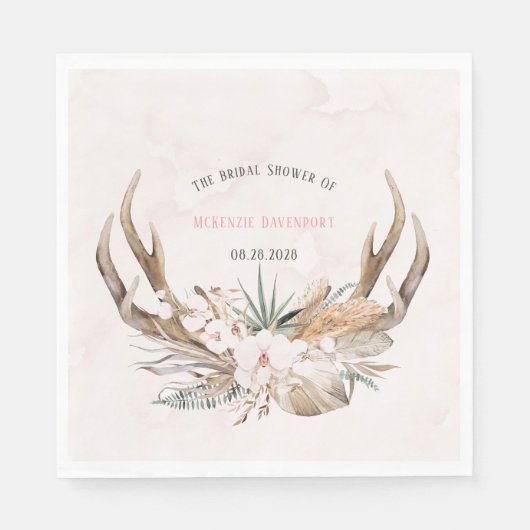 Serviette En Papier Fête des mariées Boho Deer Antlers et Florals (Devant)