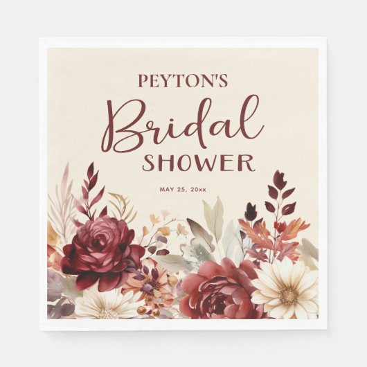 Serviette En Papier Fête des mariées florale à la crème de Bourgogne (Devant)