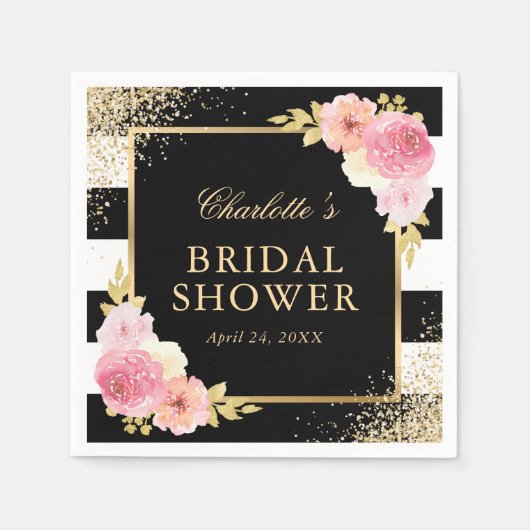 Serviette En Papier Fête des mariées florale noire rose pâle (Devant)